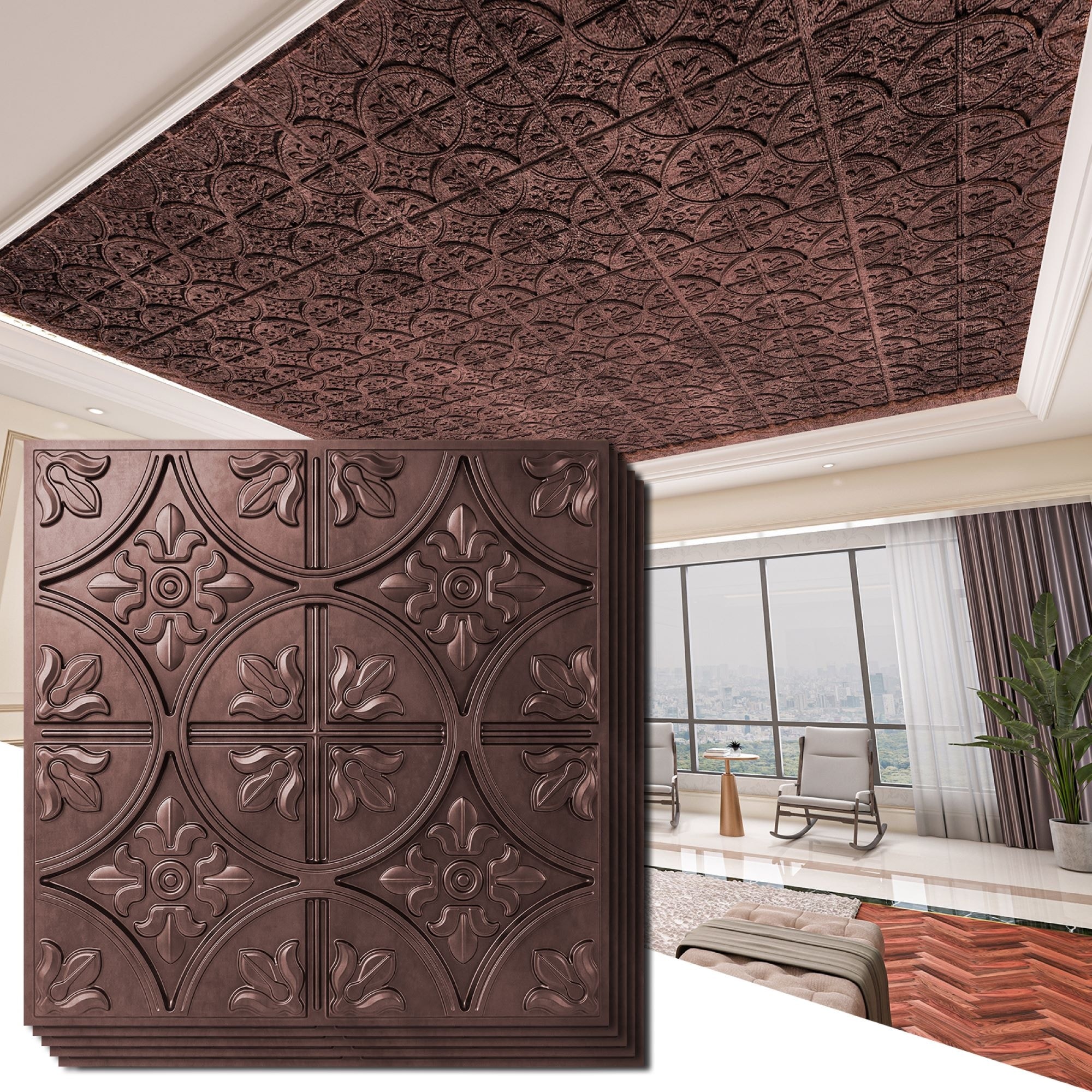 Art3d 2x2 ft. PVC Ceiling Tile, Fancy Classic Style in Antique Copper