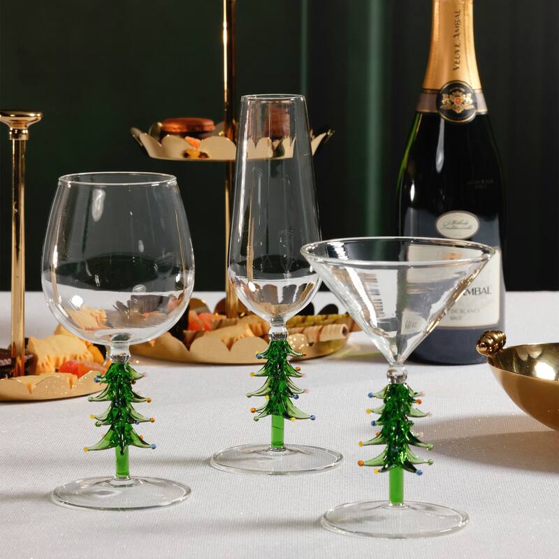 Treetop Cheers Glass Champagne Flutes - Holiday Stemware, Set of 4