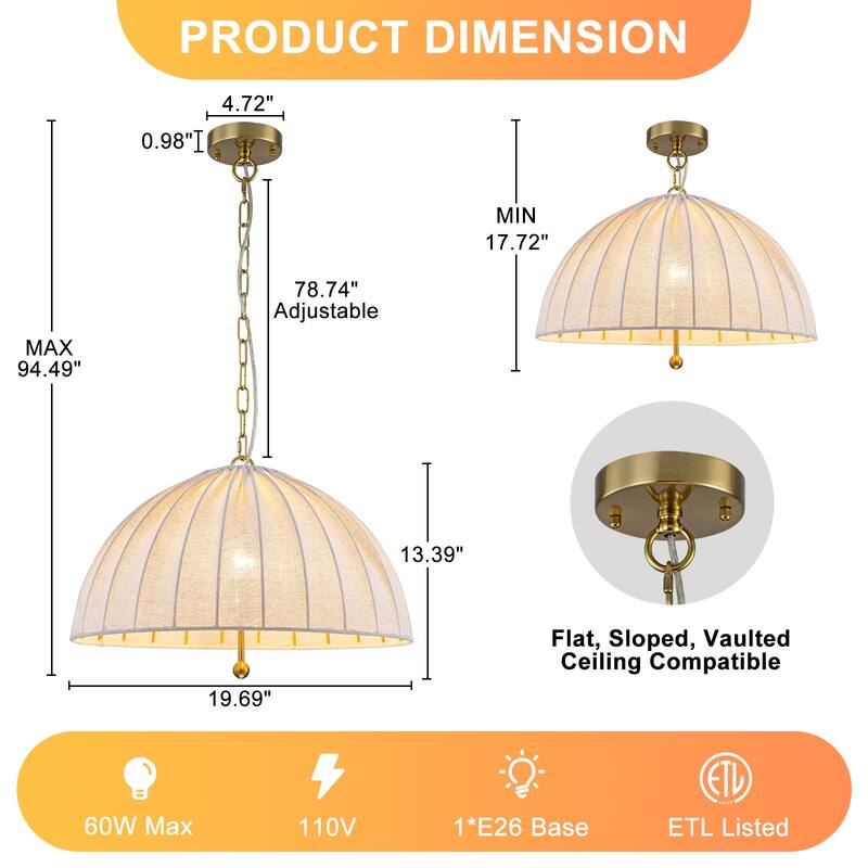 19.69" 1-Light Modern Hanging Pendant Light Fabric Shade Living Space - Dia.20-in