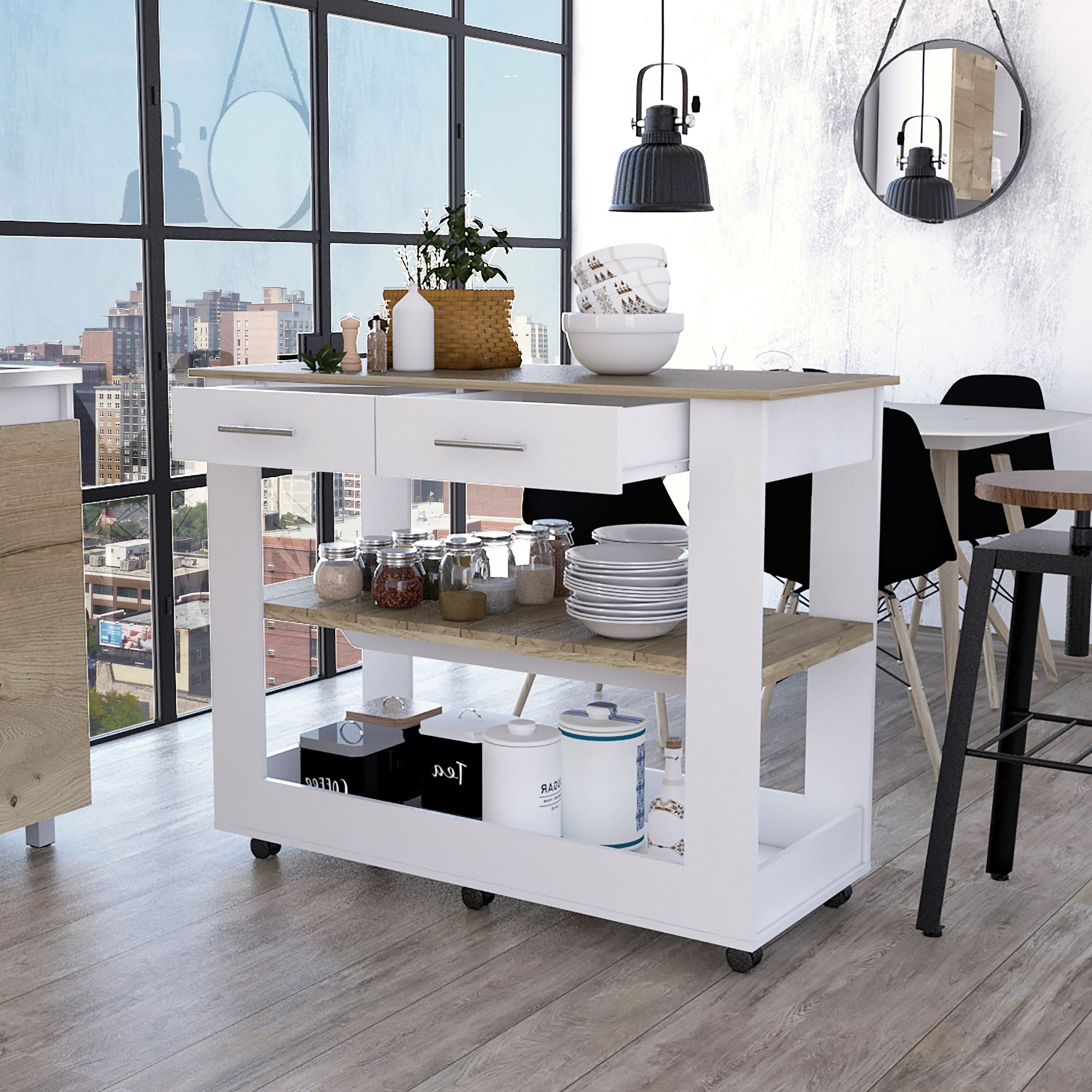 White MDF Small Kitchen Island with Drawer, Storage Shelves and Wine R