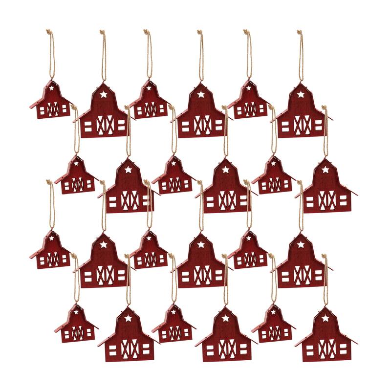 Wood Barn Ornament (Set of 24) - Red