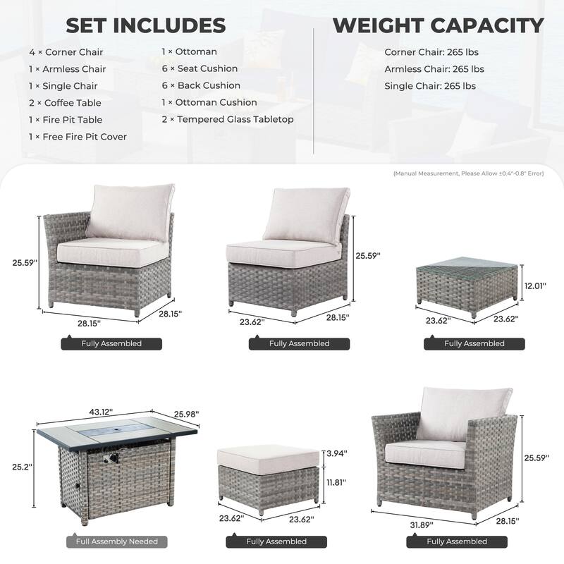 HOOOWOOO 10-piece Wicker Rattan Patio Furniture Sectional Set with Fire Pit