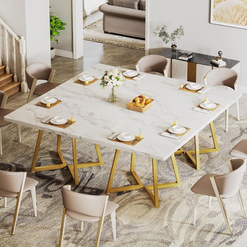 31.5” Square Dining Table for 4 with Metal Base for Dining Room - Square-4 Pcs - White & Gold
