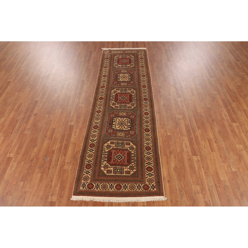 Geometric Anatolian Vintage Runner Rug Hand-Knotted Wool Carpet - 3'1" X 9'10"