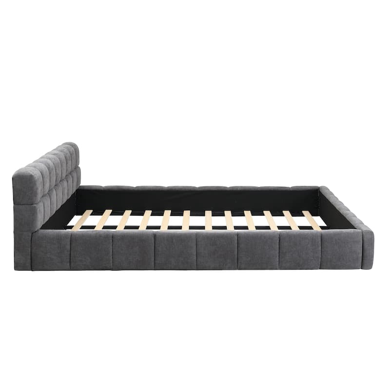 Elegant Chenille Upholstered Bed with Checkerboard Design, King/Queen Size Platform Frame