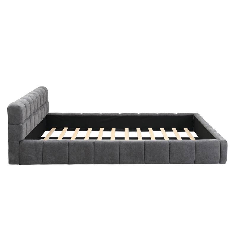 Queen / King Soft Chenille Upholstered Bed in Soft Grey with Stylish Checkerboard Pattern