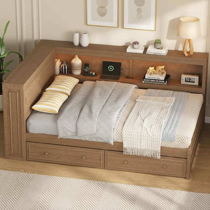 Full Size Wood Daybed with Storage Shelves, USB Ports, LED Lights & 2 Drawers by Harper&Bright Designs - Wood