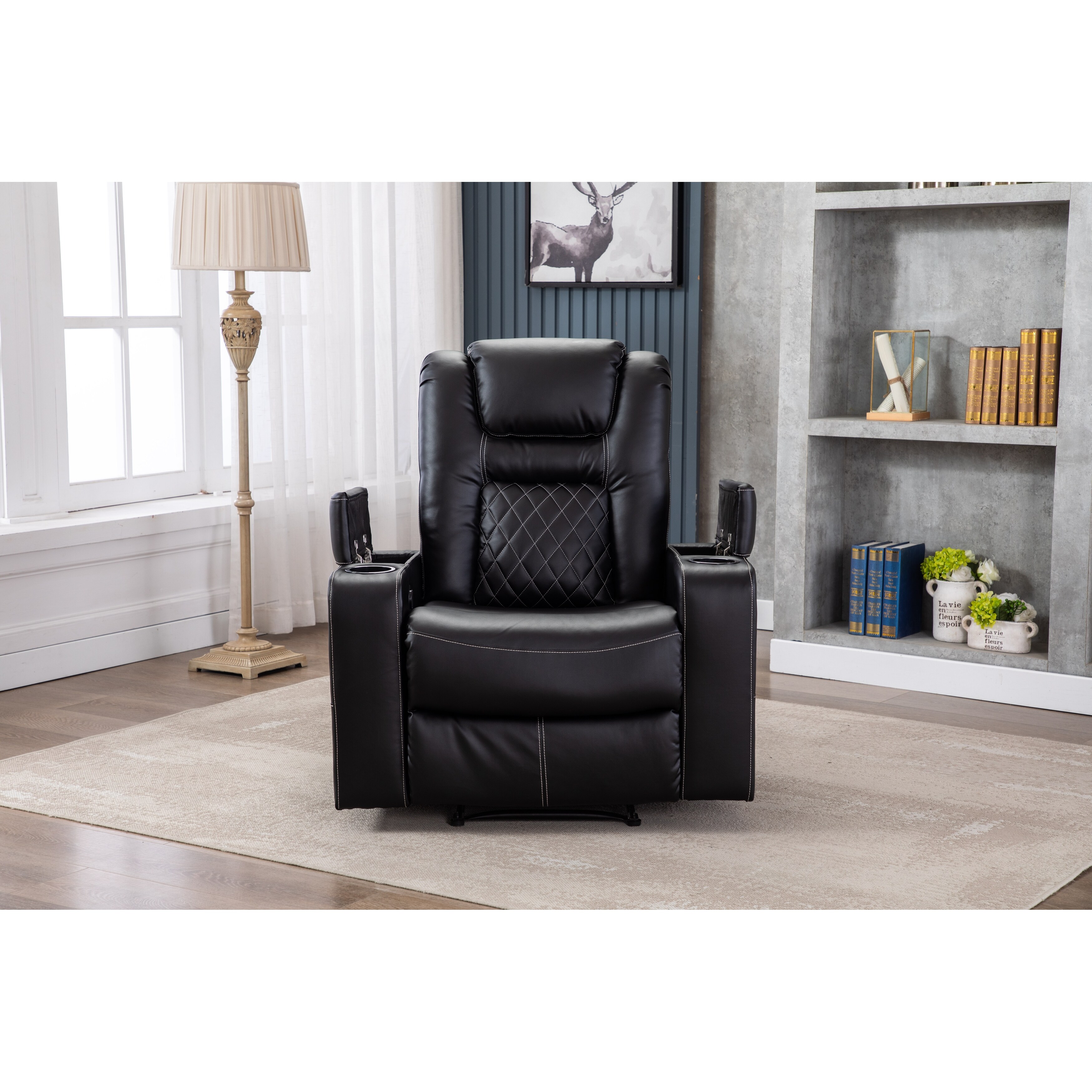 Black Modern PU Leather Recliner with Cup Holder USB Bed Bath