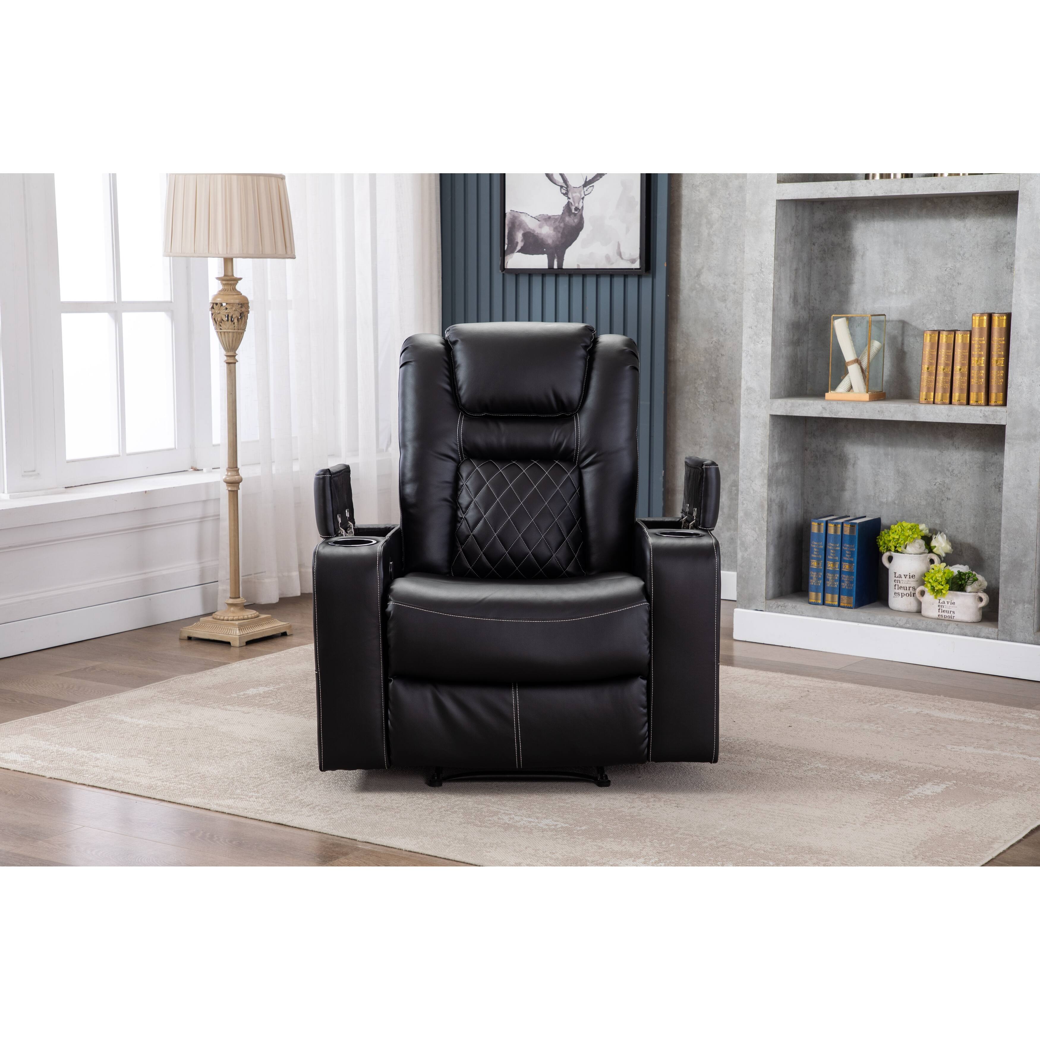 Black Modern PU Leather Recliner with Cup Holder and USB Charging Bed