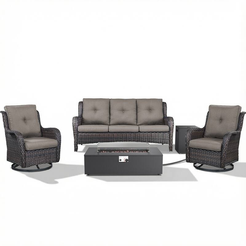 Pocassy Outdoor 5 Pieces Sofa Swivel Chair with Fire Pit Table