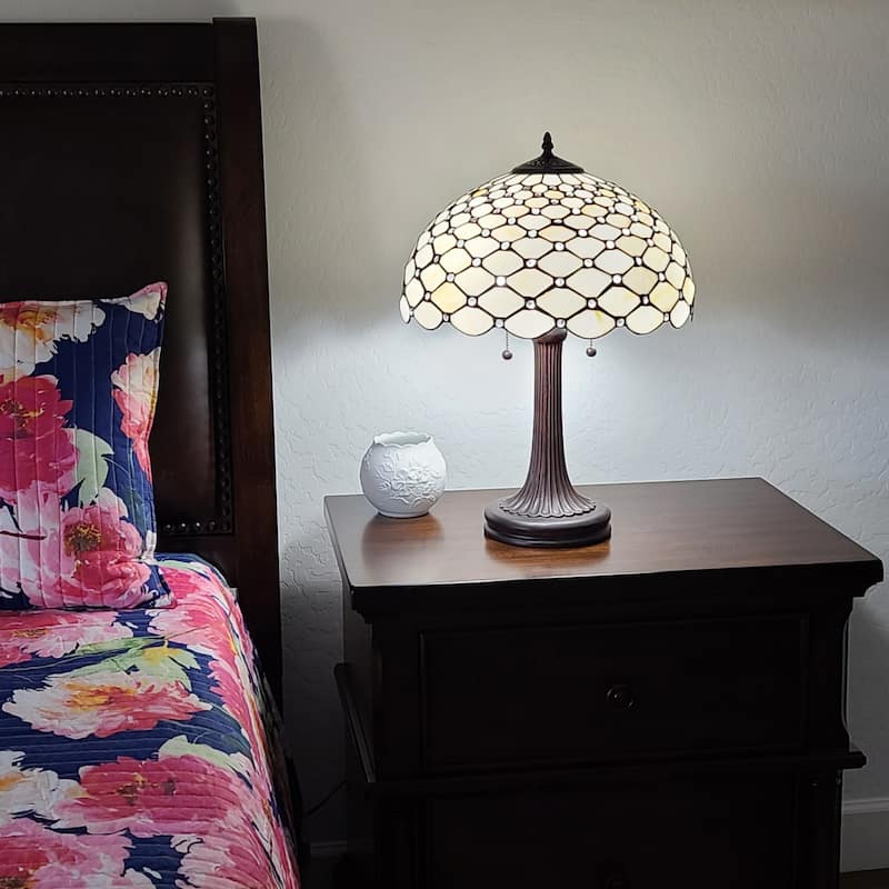 Dark Brown Metal Two-Light Table Lamp with Black White Glass Shade - 12” x 21” x 23” (D x W x H)