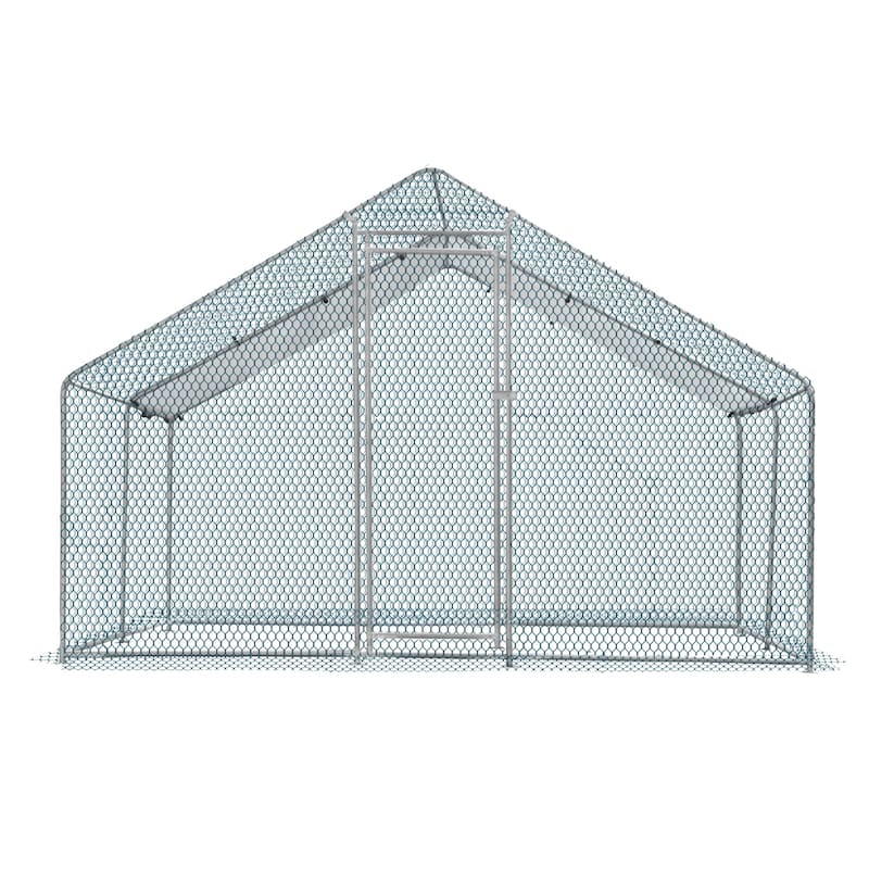 13x10 ft Metal Chicken Coop with Walk-In Run and Waterproof Cover - Silver