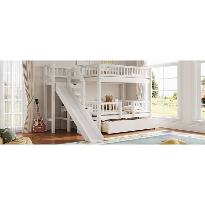 Roomfitters Twin Over Twin Bunk Bed with Slide, Storage Staircase and Drawers