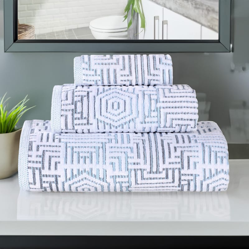 Superior Jasper Cotton Modern Jacquard Soft 3 Piece Bathroom Towel Set - Blue