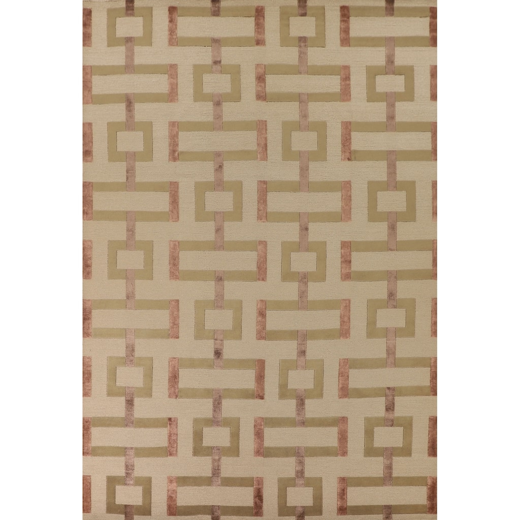 Geometric Beige Nepalese Oriental Area Rug Hand-Knotted Wool Carpet - 9'1" x 12'1"