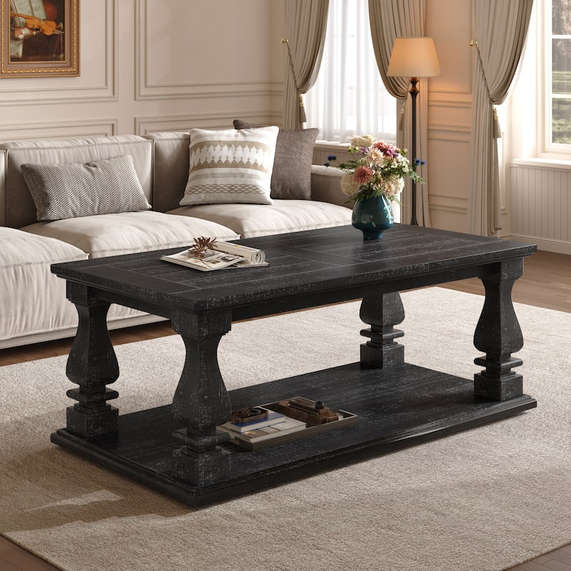 47" Black Farmhouse Coffee Table with Heavy Planked Top and Storage Shelf