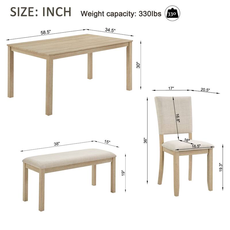 6-Piece Dining Table Set, Wooden Rectangular Kitchen Table Set with Bench and 4 Upholstered Chairs for Kitchen, Dining Room