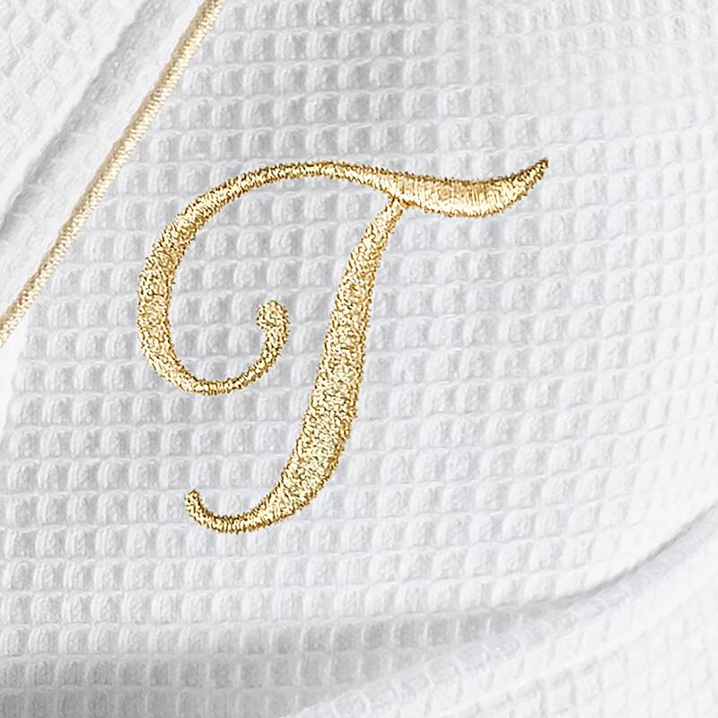 Authentic Hotel and Spa White/Gold Unisex Turkish Cotton Waffle Weave Terry Bath Robe with Gold Script Monogram