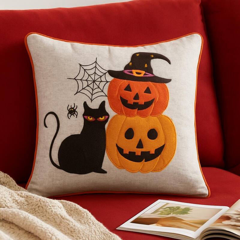 Halloween Black Cat & Pumpkin Stack Throw Pillow