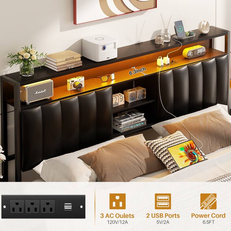 Upholstered Bed Frame with Storage Shelving, Platform Beds with Charge Station and LED Lights
