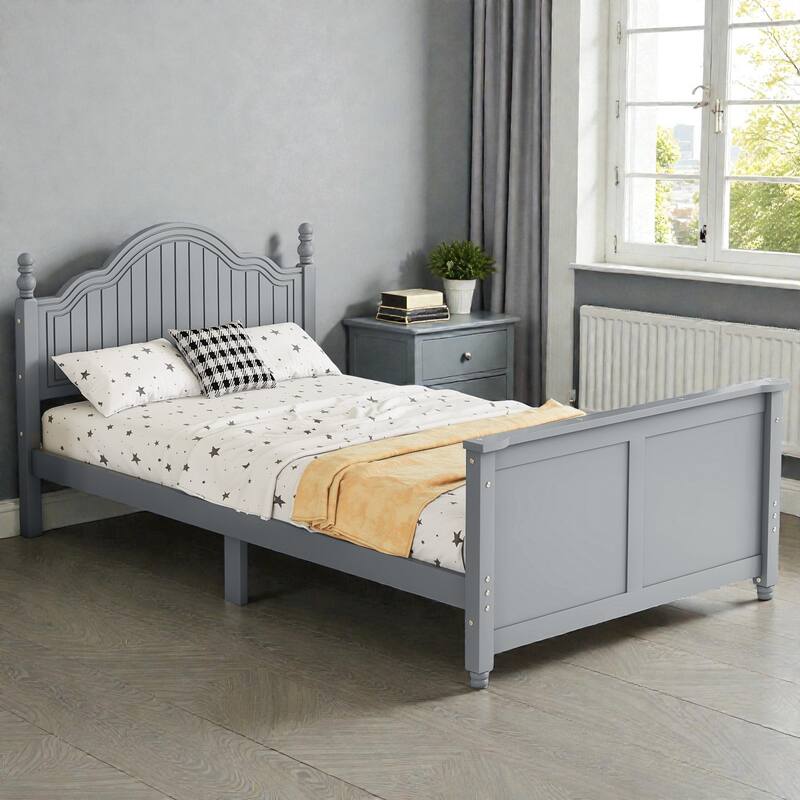 Kids Wooden Platform Bed with Safety Guardrails, Low Profile Bed with Headboard and Footboard