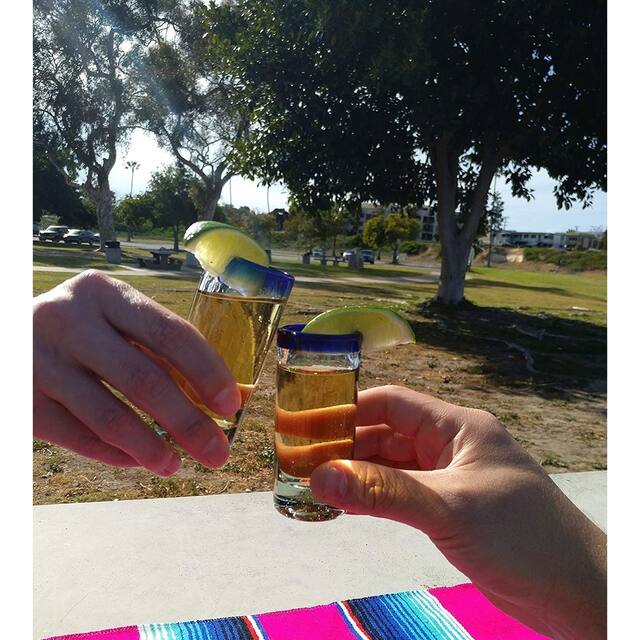 Dos Suenos Hand Blown Mexican Tequila Shot Glasses - Set of 6 Cobalt Blue Rim Tequila Shot Glasses (2 oz each)