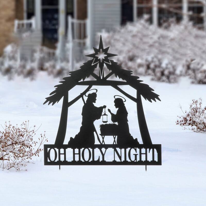 Glitzhome Christmas Metal Silhouette Nativity Waterglobe with Reindeer Yard Stakes Wall Decor