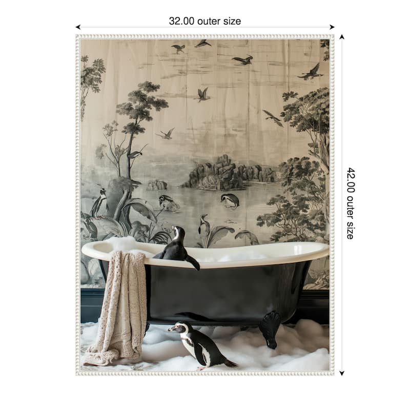 Penguins Dreamy Bath Time by Niky Rahner Framed Canvas Wall Art - 32 x 42 in