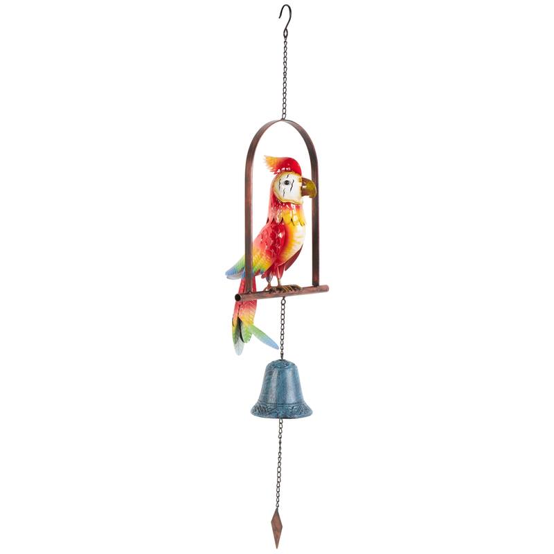 Metal Parrot Handmade Perched Windchime with Hanging Bell - Red - Roche River Decor - Red