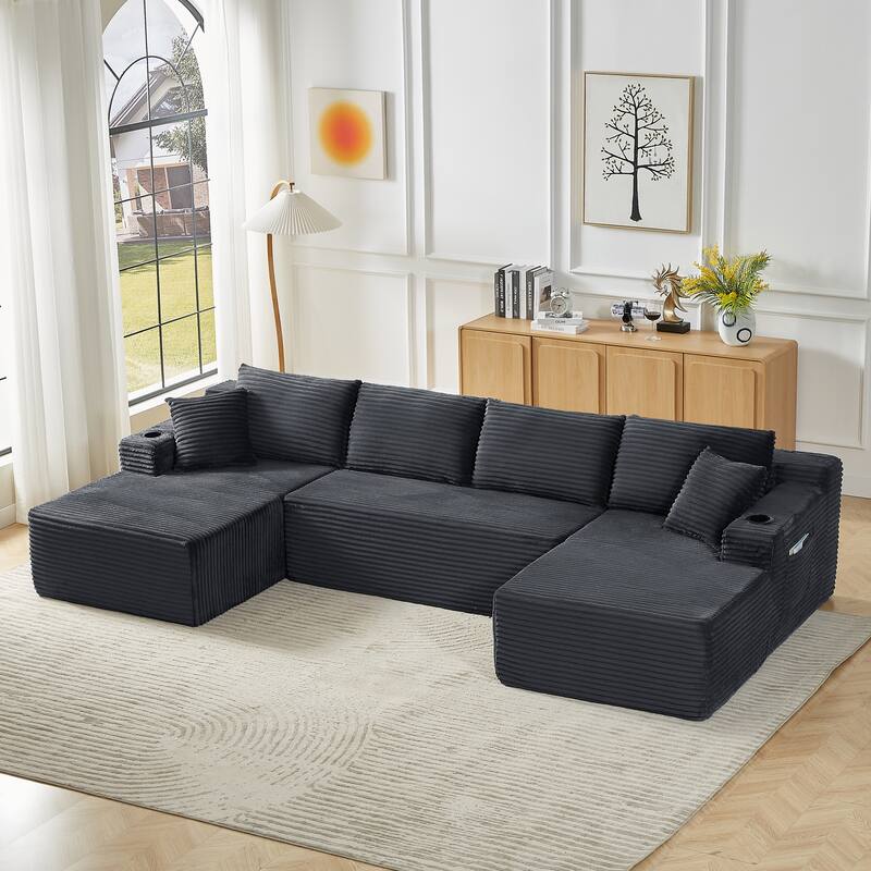 Minimalist Modular Lounge Couch U-shaped Sectional Sofa with Chaise, Corduroy Sleeper Sofa Bed with Side Pockets and Cup Holders - Dark Grey