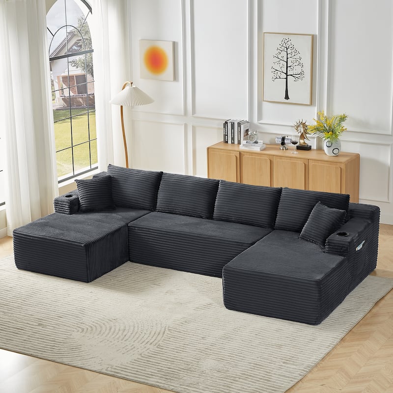 Roomfitters Modern U-Shaped Corduroy Sectional Sofa, Oversized Modular Upholstered Couch with Deep Seats for Living Room