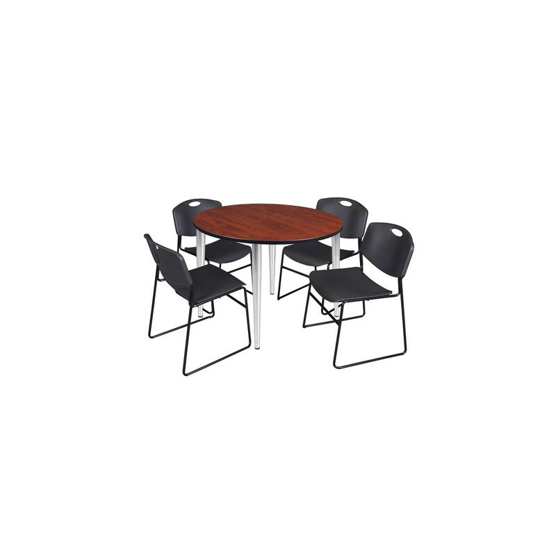 48 in. Round Breakroom Table- Cherry Top, Chrome Base & 4 Stack Chairs- Black