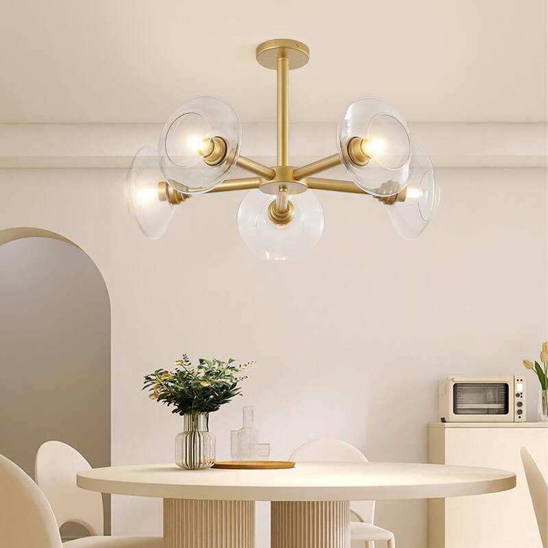 Mid-Century Chandelier, 5-Light Gold Chandelier with Clear Glass Shades, for Dining Room, Kitchen Island and Living Room