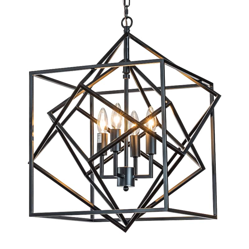 4- Light Matte Black Geometric Chandelier Modern Lighting Fixture Metal Caged Industrial Pendant - W22"