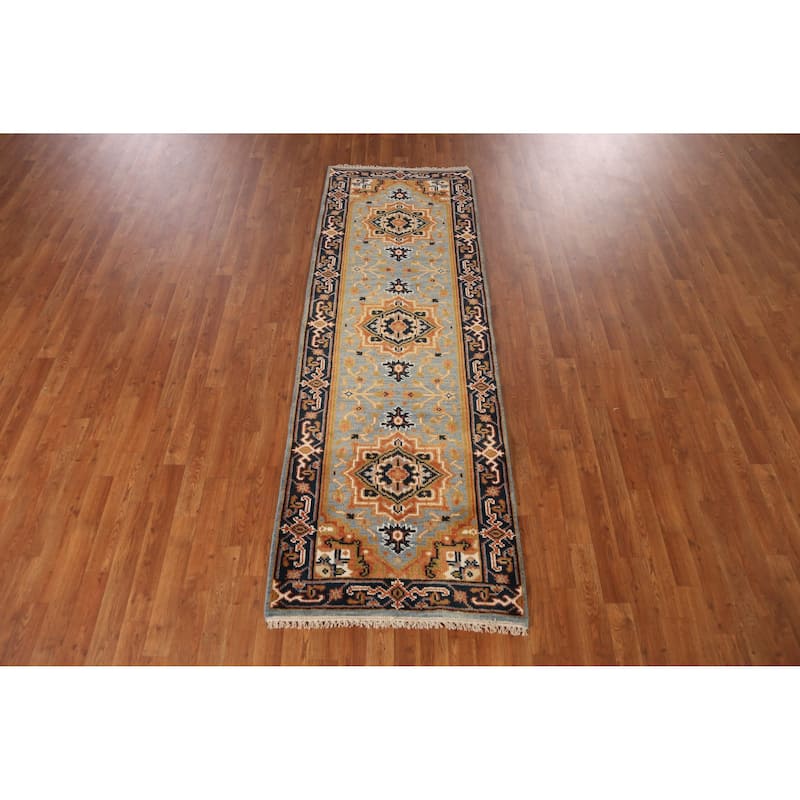 Light Blue Heriz Serapi Indian Runner Rug Handmade Wool Carpet - 2'8" x 7'10"