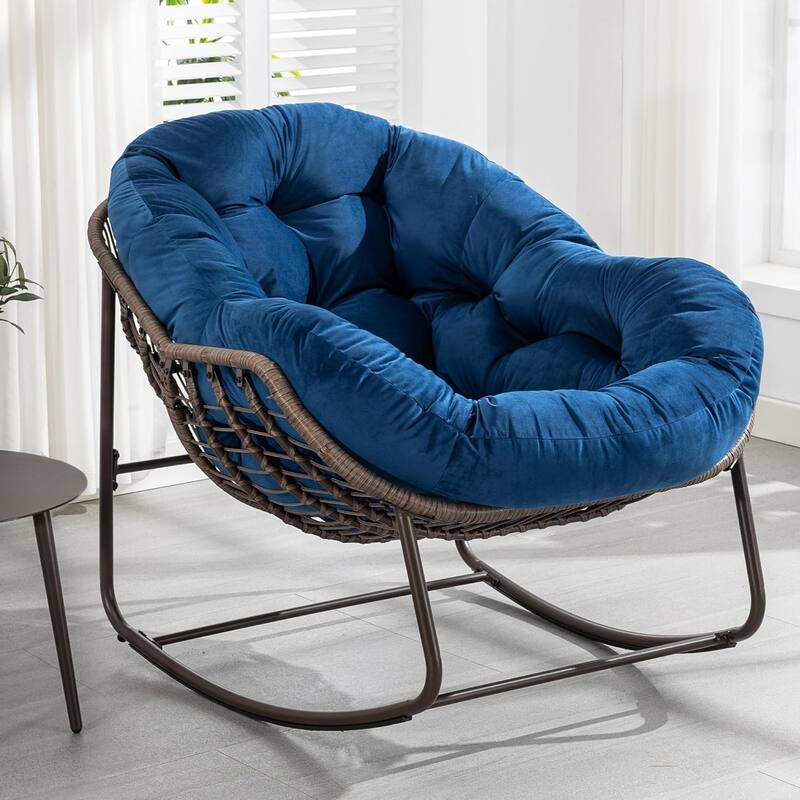Outdoor Rattan Rocker Recliner Chair With Polyester Padded Cushion - Navy Blue+Velvet