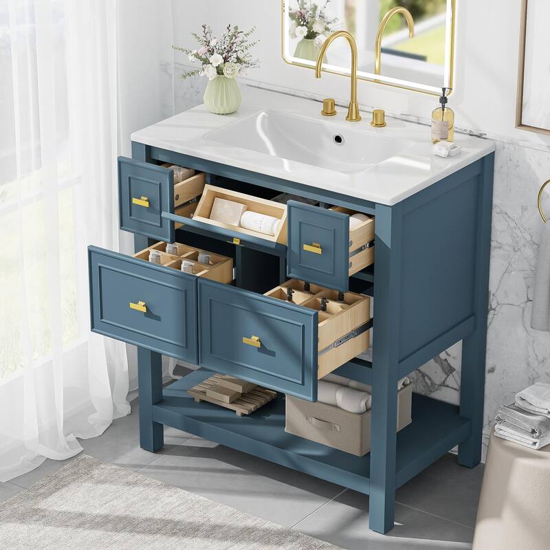 Retro Carved Pattern Vanity for Bathroom Single Sink Storage Cabinet with 5 Drawers, 1 Open Shelf and Gold Metal Handles