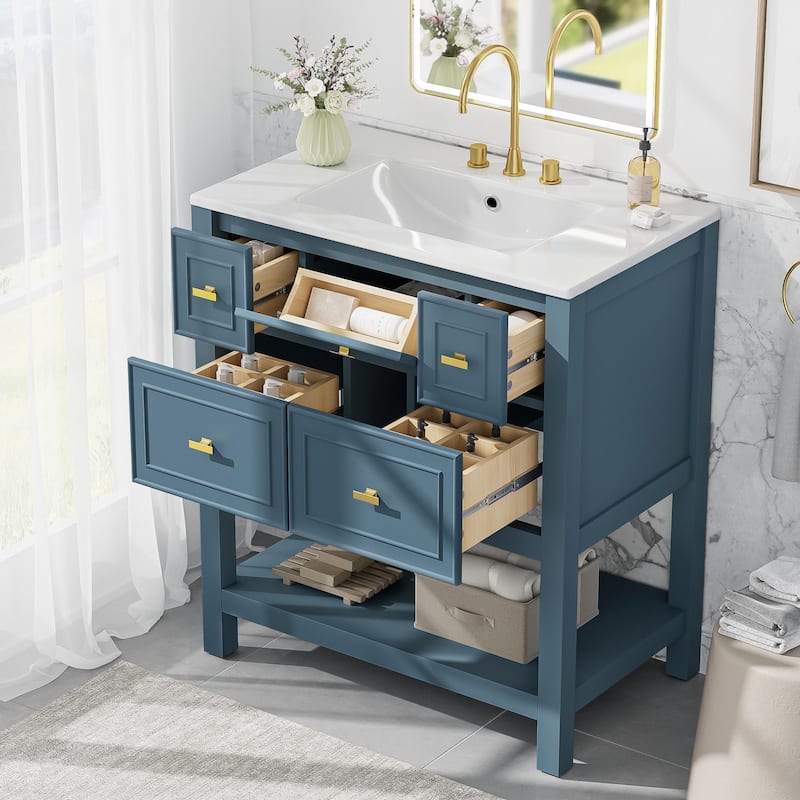 Roomfitters 30" Vanity with Ceramic Sink, Solid Wood Cabinet with 5 Drawers, Modern Freestanding Bathroom Storage Unit