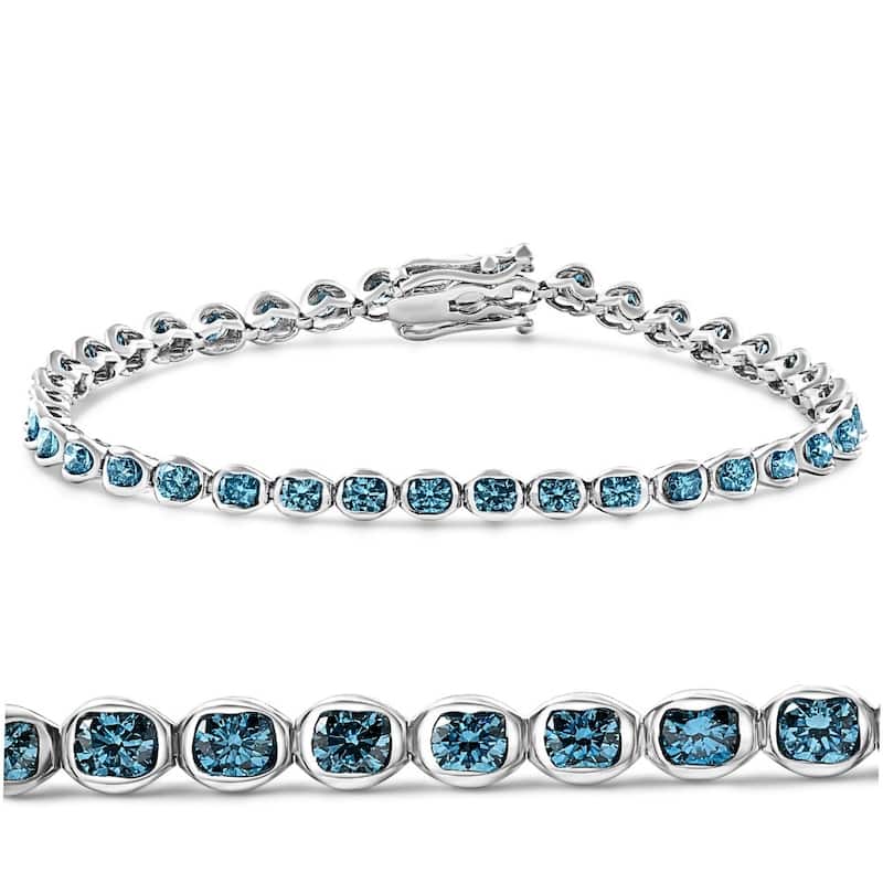 5Ct Blue Diamond Half Bezel Tennis Bracelet White or Yellow Gold 7"