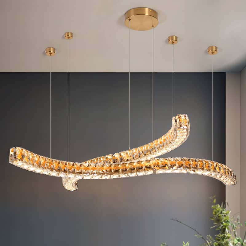 Modern 2-Light LED Chandelier Gold Island Lights for Dining Room - W34.6" x H65.4" Max
