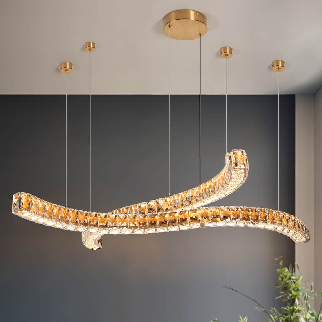 Modern 2-Light LED Chandelier Gold Island Lights for Dining Room - W34.6" x H65.4" Max