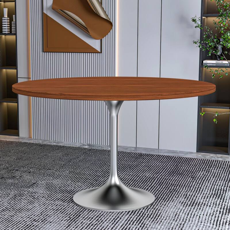 Verve 48" Modern Round Dining Table with Solid Wood Top with Brushed Chrome Steel Pedestal Base for Kitchen & Dining Room