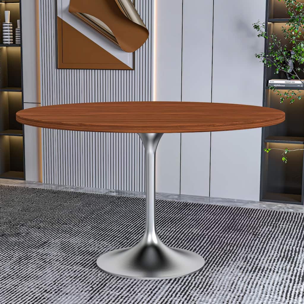 Verve 48" Modern Round Dining Table with Solid Wood Top with Brushed Chrome Steel Pedestal Base for Kitchen & Dining Room