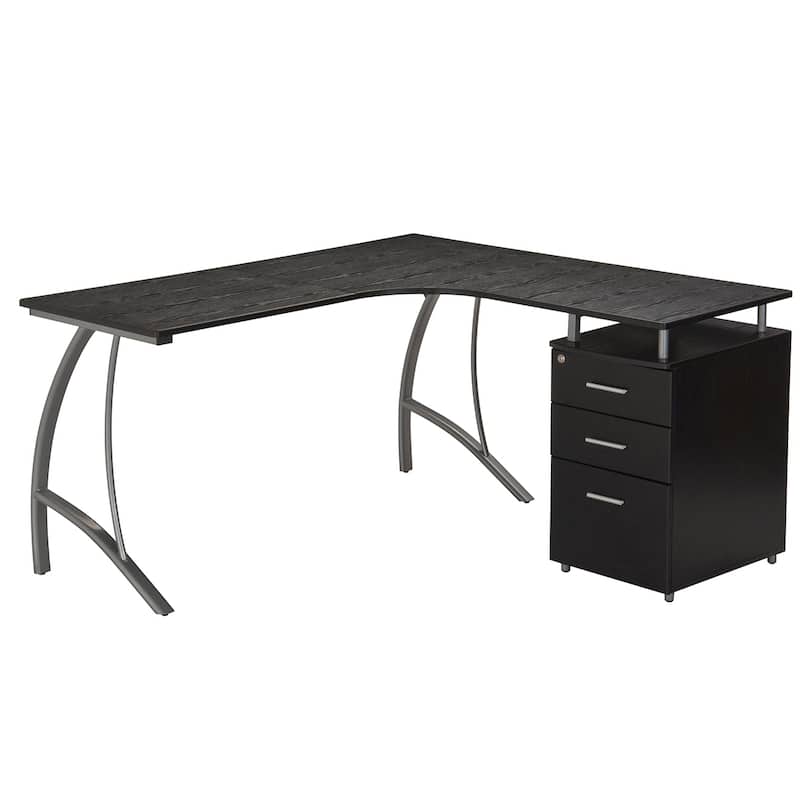 Contemporary L-Shaped Desk with Built-in Storage Cabinet, File Drawer, and Scratch-Resistant Steel Legs