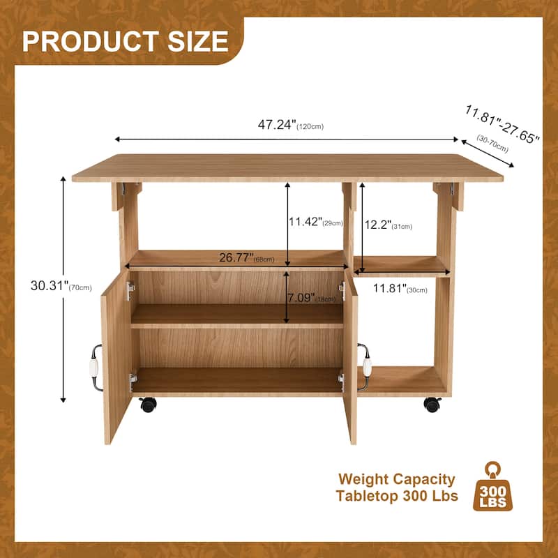 Roomfitters Folding Dining Table with Wheels, Space Saving Drop Leaf Desk with Storage Shelves