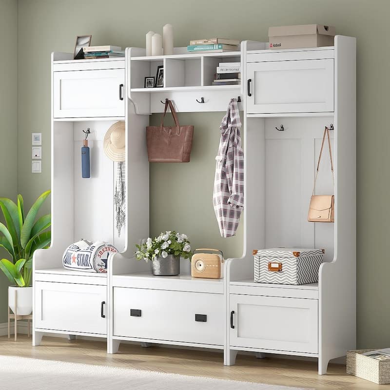 78W Hall Tree and Shoe Bench with Shelves