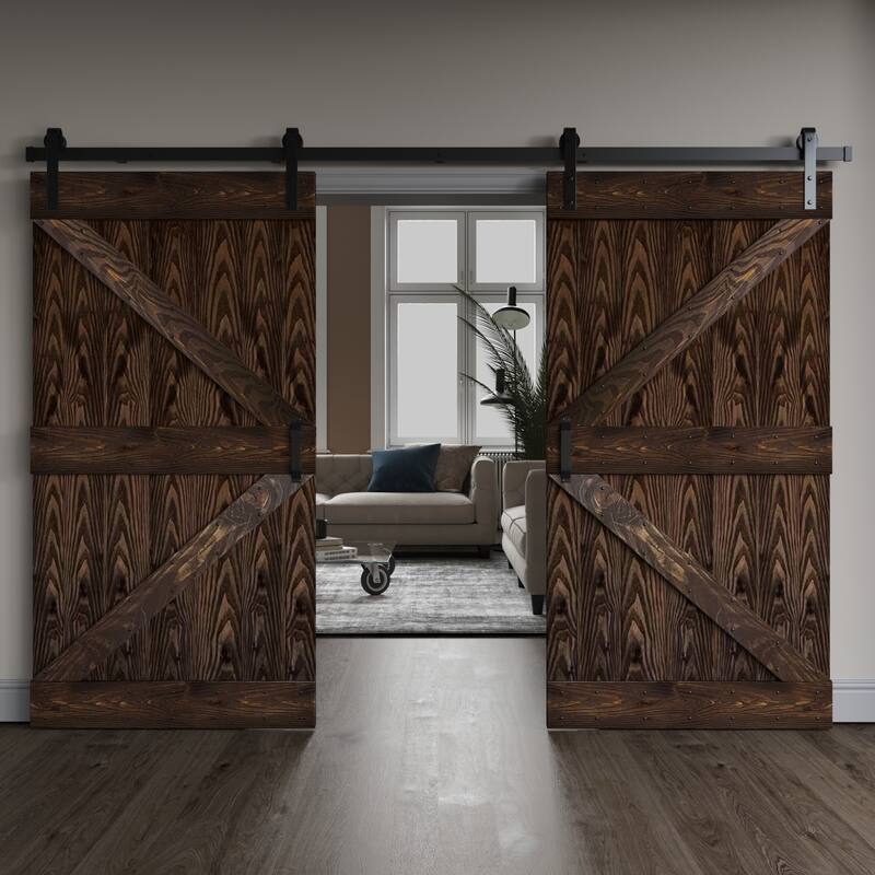 Coast Sequoia 84in. x 84in. K Series Embossing DIY Knotty Wood Double Sliding Barn Door With Hardware Kit
