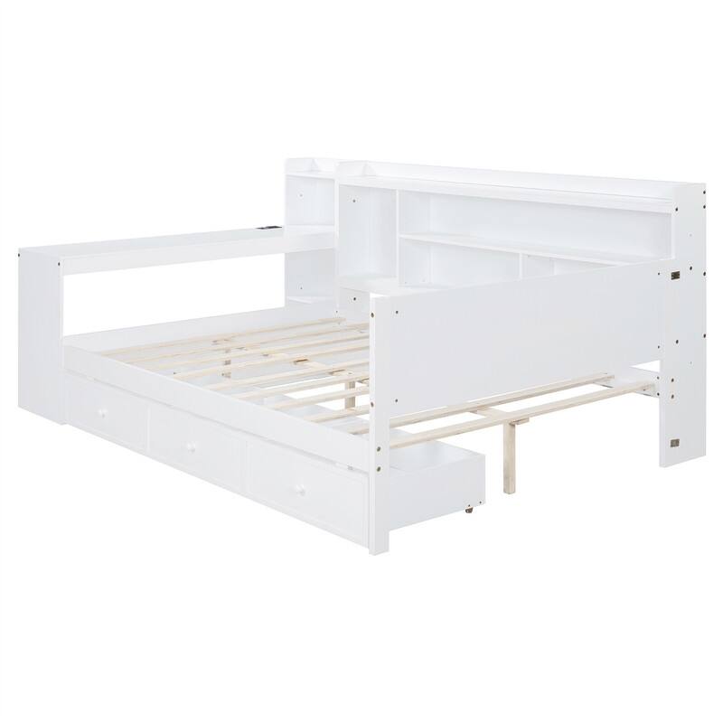 Twin/Full Daybed with 3 Storage Drawers and Bedside Desk, Wooden Day Bedframe Sofa Bed with Storage Shelves and USB Ports
