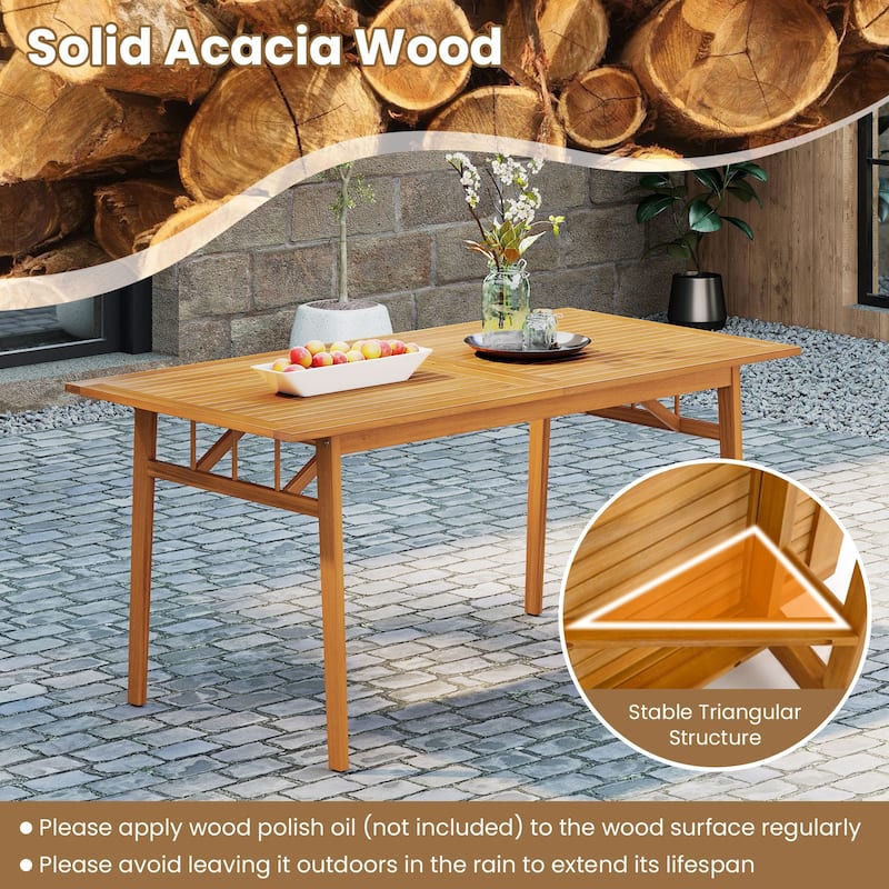 63” Outdoor Acacia Wood Table with Umbrella Hole and Stable Frame for Patio and Garden Dining - 63” x 32” x 30” (L x W x H)
