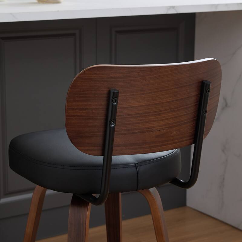 Swivel Bar Stools Set of 2, 26" Upholstered Faux Leather Counter Height Barstools with Walnut Back & Bentwood Legs